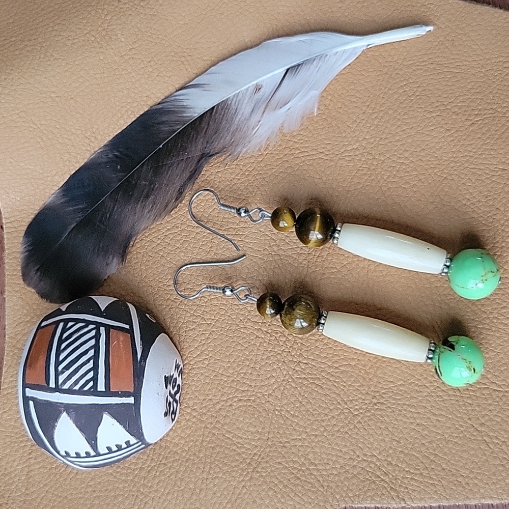 Southwestern Hairpipe Bone Tiger Eye Green Imperial Jasper Earrings Boho Rodeo
